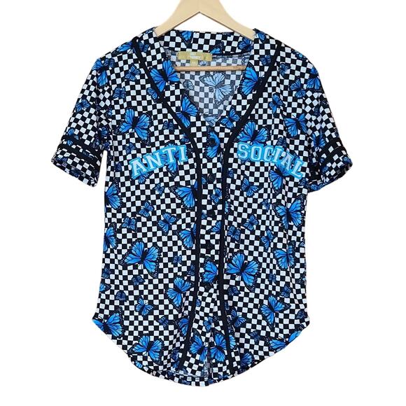 Cult Favorite Butterfly Checkered‎ Antisocial Short Sleeve Top Women's XS - Picture 2 of 3